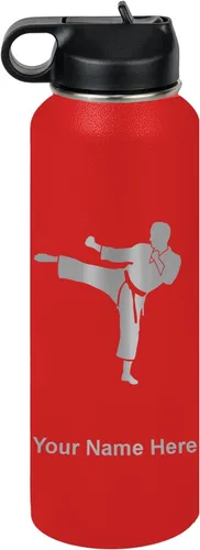 Miniatura 48 de Botella de agua personalizada LaserGram, Karate Man, de acero inoxidable con doble pared aislada al vacío con tapa abatible, regalo personalizado