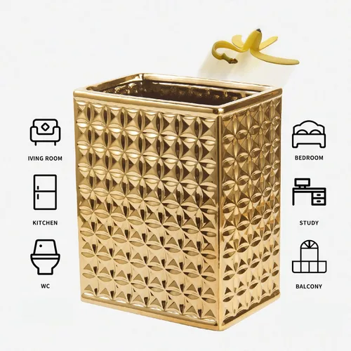 Miniatura 2 de Basurero para baño, pequeño bote de basura de oficina para cocina, cubo de basura rectangular delgado, cerámica, dorado