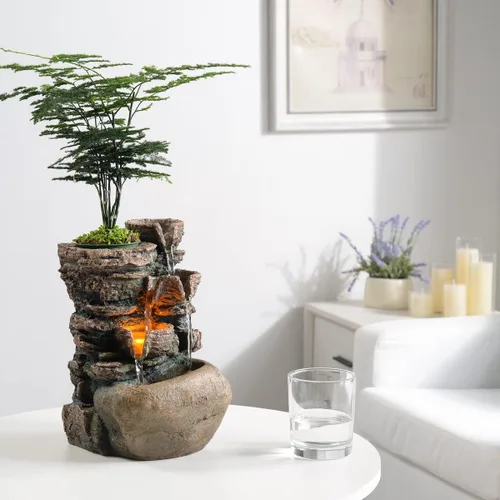Miniatura 3 de Haobos Fuente interior de 4 tazones Rockery con sonido calmante para decoración de hogar y oficina con una pequeña maceta de plástico para cultivar