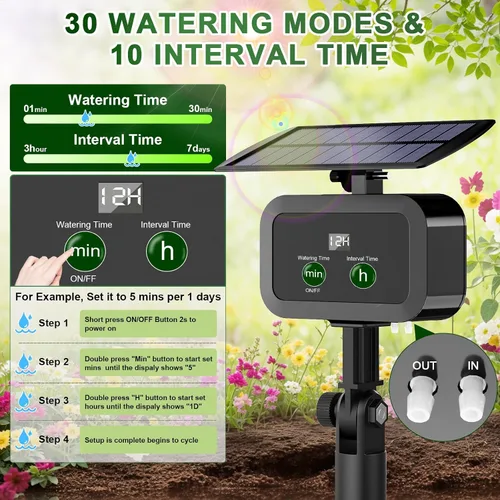 Miniatura 3 de Kit de sistema de riego por goteo solar con pantalla LCD, 30 modos de trabajo y 10 intervalos de riego, kit de riego por goteo alimentado por