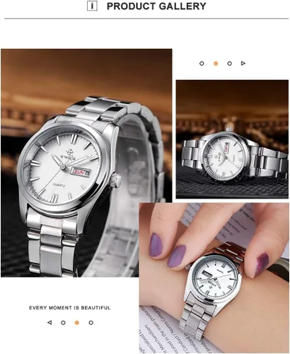 Miniatura 4 de MASTOP Reloj clásico de moda para mujer, resistente al agua, acero inoxidable, redondo, fecha, analógico, cuarzo, vestido, Blanco, Movimiento