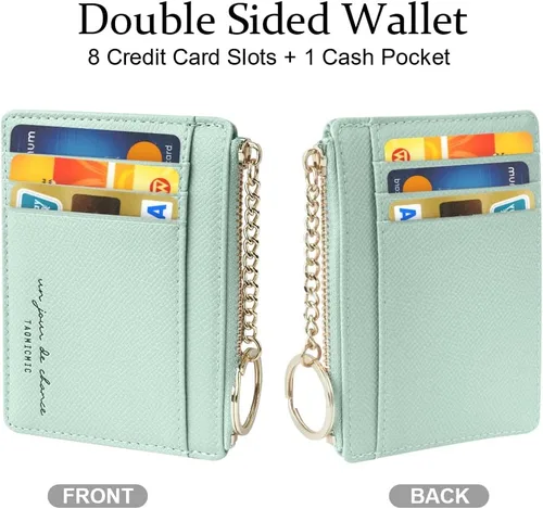 Miniatura 22 de URAQT Cartera para tarjetas de crédito, cartera minimalista de cuero delgado con cremallera, mini protector de tarjeta de crédito, llavero bolsillo