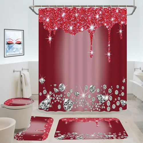 Miniatura 8 de 4 piezas de juego de cortina de ducha con destellos de diamantes, decoración de baño negra y plateada con goteo brillante con tapete y funda