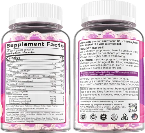 Miniatura 9 de Gomitas de citrato de calcio de 1200 mg, vitamina D3 K2, omega-3, magnesio, zinc, boro, manganeso, cobre, 600 mg suplementos de calcio para mujeres
