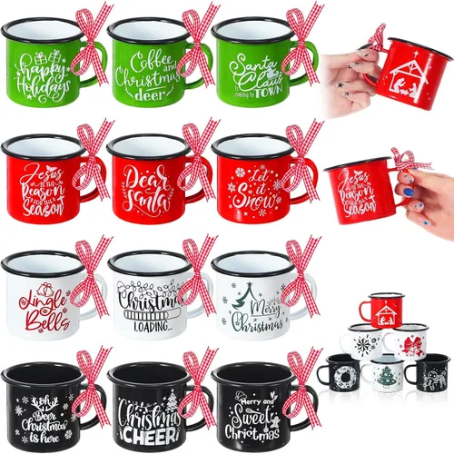 Sliner 12 mini tazas de café de Navidad a granel con cinta a cuadros de 8.5 onzas, taza de metal esmaltado de Navidad con borde negro para el hogar,