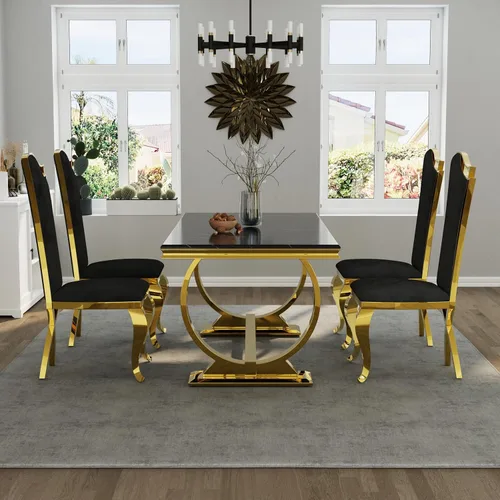 Miniatura 3 de Asday Mesa de comedor negra y dorada, mesa de comedor de lujo de 70 pulgadas con base en U de metal de acero inoxidable dorado para 4-8
