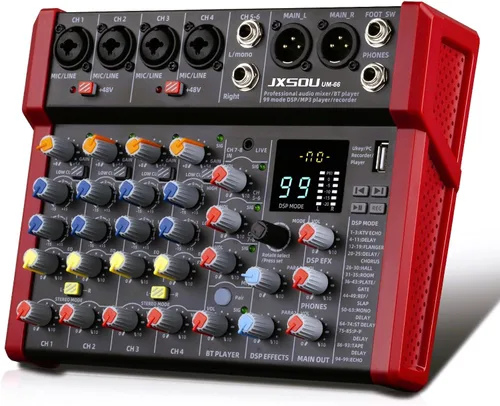 Miniatura 7 de Mezclador de audio de 6 canales, consola de tablero de sonido controladora DJ con 99 efectos DSP, mezclador Bluetooth, alimentación fantasma de 48
