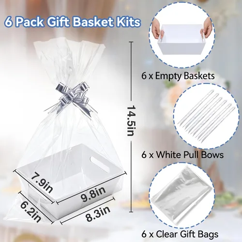 Miniatura 2 de MADHOLLY Juego de 6 cestas vacías para regalos, resistente juego de cesta de regalo de papel kraft con envoltura de celofán y lazos para bodas, baby