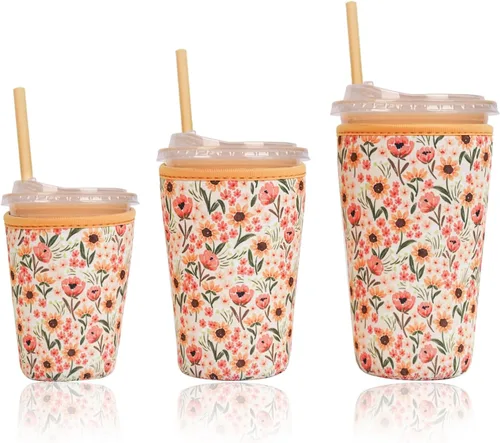 Miniatura 9 de Funda aislante reutilizable para taza de café helado, paquete de 3 fundas de neopreno para bebidas frías y calientes, soporte para bebidas para café