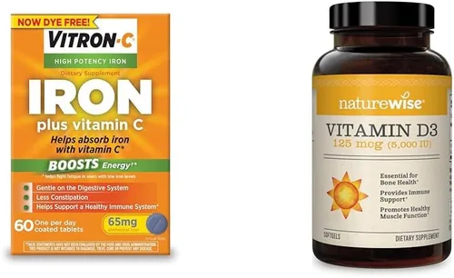 Vitron-C Suplemento de hierro con vitamina C, 60 unidades y vitamina D3 NatureWise 5000iu (125 mcg), 90 unidades