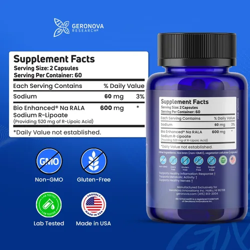 Miniatura 2 de Geronova Research Ácido R-lipoico Bio-Mejorado, dosis de 600 mg - Suministro de 2 meses - Ácido alfa lipoico R estabilizado con absorción mejorada