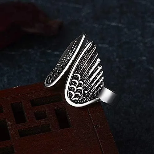Miniatura 4 de Anillo de alas de ángel de plata 925 para mujer, estilo vintage, tailandés, teñido de plata negra, anillo abierto, hip hop, rock, eternidad