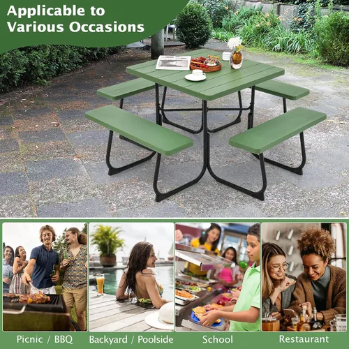 Miniatura 8 de Giantex Juego de mesa de picnic para 8 personas, mesa y banco al aire libre con agujero para paraguas, parte superior de polietileno de alta Verde