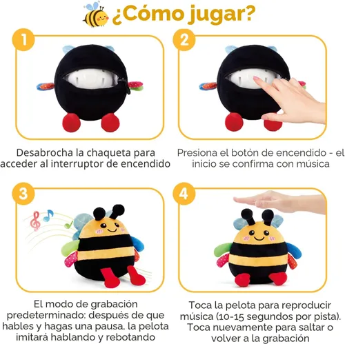 Miniatura 5 de hahaland Juguete de abeja que rebota para el tiempo boca abajo para 6 a 12 meses, juguete musical de abeja de peluche bailarín, juguete de abeja