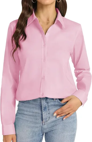 Miniatura 8 de Camisas de vestir para mujer, de manga larga, con botones, formales, sin arrugas, lisas, para trabajo, negocios, oficina, tops básicos