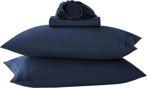 Miniatura 47 de Juego de sábanas de tamaño matrimonial, sábanas de microfibra hipoalergénica refrescante, color azul marino, sábanas suaves de bolsillo extra
