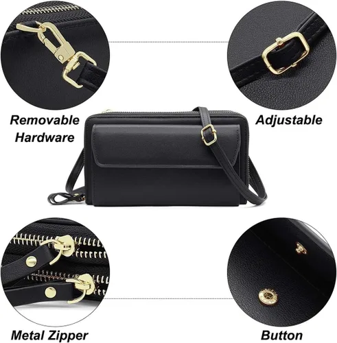 Miniatura 5 de Cartera de cuero para mujer con doble cremallera y correa para el hombro