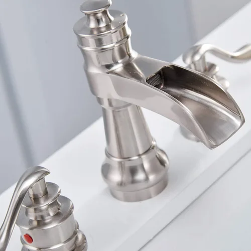 Miniatura 6 de Grifo de baño generalizado de níquel cepillado, cascada de 2 manijas con tapón de drenaje emergente, tocador de baño de 3 agujeros, grifo mezclador