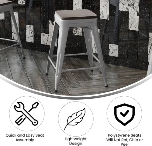 Miniatura 4 de Flash Furniture Kai Taburete de grado comercial para interiores y exteriores, marco de metal negro, asiento de poliresina negra, 24 pulgadas