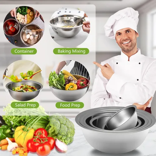 Miniatura 6 de Juego de 5 tazones de mezcla de acero inoxidable, cuencos de metal anidables que ahorran espacio para la cocina del hogar, cocina de caravana