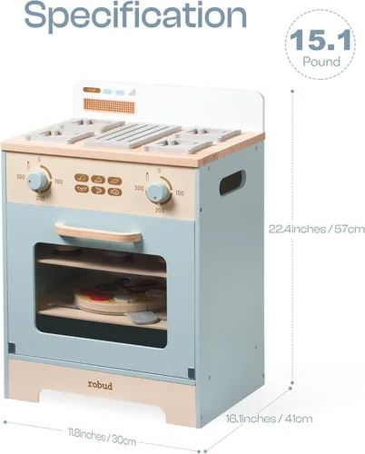 Miniatura 6 de ROBOTIME Juego de cocina de juguete de madera con horno, accesorios de cocina de simulación Montessori con juguetes de comida de pizza y cupcakes