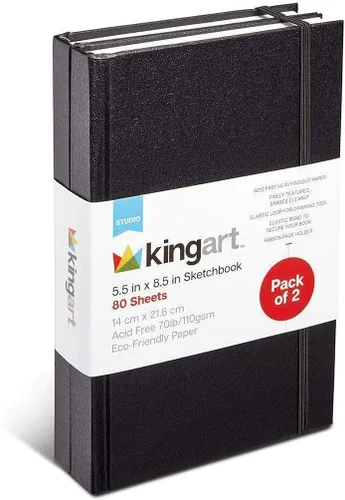 KINGART Juego de cuaderno de bocetos de tapa dura, 5.5 x 8.5 pulgadas, paquete de 2, 80 hojas cada una (70 libras / 3.88 oz/m²), cuadernos negros