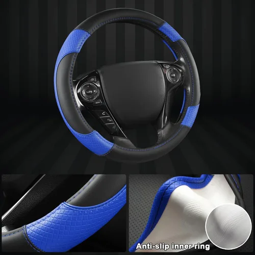 Miniatura 4 de GIANT PANDA Funda de cuero de microfibra para volante Honda Accord, Civic, CR-V, HR-V, Pilot (patrón de diamante-negro+azul-tamaño estándar)