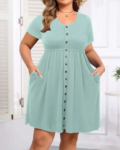 Miniatura 19 de Holipick Vestidos de verano para mujer, talla grande, casual, con bolsillos, acampanado, con botones, sin mangas, cuello en V