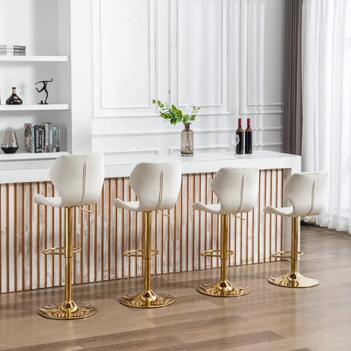 Miniatura 4 de Juego de 4 taburetes de bar color beige, sillas giratorias de altura de mostrador con respaldo de terciopelo, taburetes de isla de cocina para bar