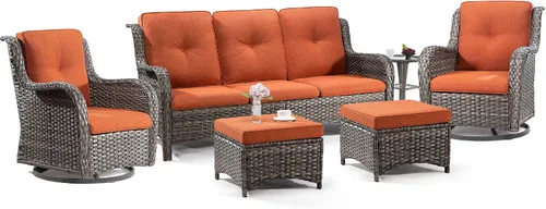 Miniatura 18 de Juego de 2 sillas de patio giratorias de 360 grados para exteriores y mesa auxiliar a juego – 3 sillas deslizantes de mimbre para patio con cojines