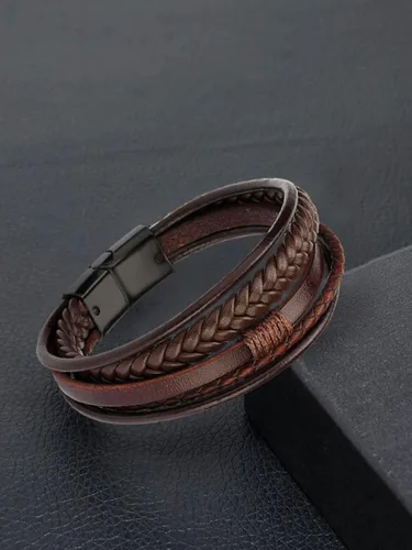 Miniatura 4 de Pulseras de cuero para hombre, pulseras de cuero trenzado multicapa con cierre magnético, pulsera ajustable para niños
