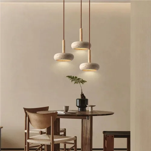 Lámpara colgante japonesa Wabi-Sabi 3000K luz cálida LED lámpara colgante vintage amarillo travertino lámpara colgante con detalles de madera para