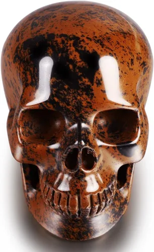 Miniatura 2 de Skullis Calavera de cristal de obsidiana de caoba de 3.0 pulgadas. Escultura de arte fino de piedra preciosa tallada a mano, estatua de piedra