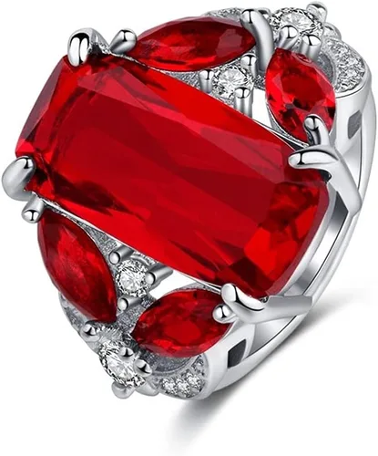 Anillo de plata de ley 925 de lujo para mujer, rectángulo brillante, gema roja, anillo de princesa, ojo de caballo, anillo de rubí de ojo de