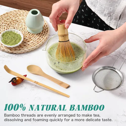 Miniatura 5 de Juego de batidor de matcha: juego de matcha con batidor de matcha de bambú y soporte de cerámica, cuchara de bambú+cuchara de madera, soporte