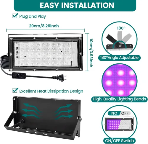 Miniatura 5 de Luces negras de 50 W para fiesta brillante, luz negra de alta potencia para iCreating de 395 nm, luz negra UV, reflector, luces negras moradas