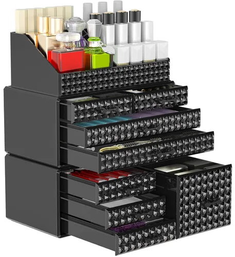 Paquete de 3 organizadores de maquillaje apilables [actualizados], estuches de almacenamiento de cosméticos acrílicos con 8 cajones organizadores de
