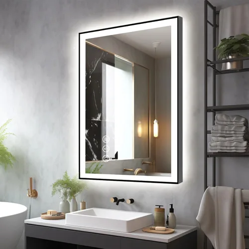 Miniatura 76 de EchosLife Espejos de baño LED de 20 x 28 pulgadas para pared, marco de aluminio negro (frontal y retroiluminado), espejo de tocador antivaho