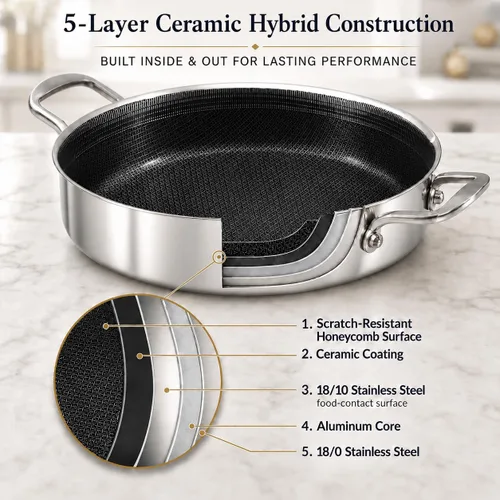 Miniatura 3 de DELARLO Sartén de tres capas de acero inoxidable de 10 pulgadas Sartén de freír profunda de 3QT con tapa Sartén de saltear con tapa Compatible