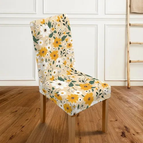 Miniatura 4 de HUGS IDEA Yellow Floral Chair Covers for Dining Room Set of 2 Flowers Kitchen Chair Covers Washable Dining Chairs Slipcovers Cubre Sillas