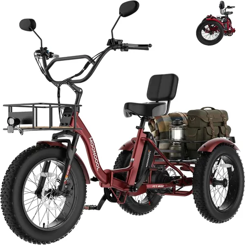 Miniatura 13 de MOONCOOL Triciclo eléctrico para adultos, marco de aluminio de neumático grueso de 1000 W, 4 pulgadas, batería de 48 V y 14.5 Ah, frenos de disco