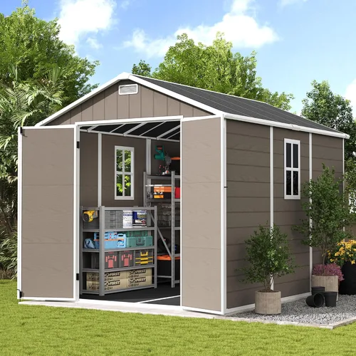 UDPATIO Outdoor Resin Storage Shed 8 x 10 FT, Plastic Storage Shed with Floor Large Outdoors Garden Tool Storage Shed Outside Clearance Shed with