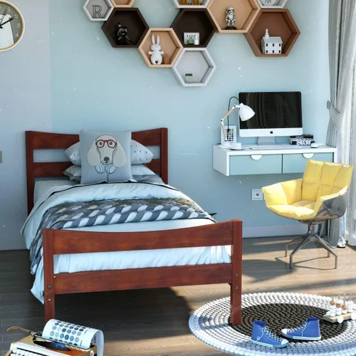 Miniatura 10 de Giantex - Marcos de cama individual de madera con cabecero, cama moderna con plataforma y soporte de listones de madera, espacio de almacenamiento