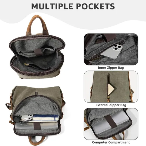 Miniatura 3 de KL928 Mochila de lona vintage para hombres y mujeres, mochila para laptop, mochila de viaje, bolsa de viaje al aire libre, verde oliva