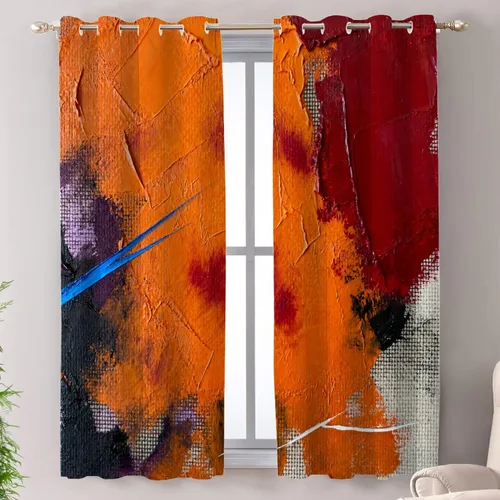 Miniatura 112 de Shrahala Beige and Orange Abstract Art Brushstrokes Blackout Curtain Tiers, Abstract Oil Paint Kitchen Valance Light Blocking Tier Drapes with Rod
