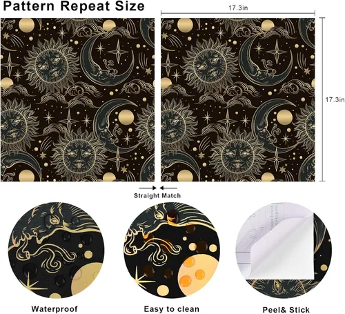 Miniatura 6 de WENMER Celestial - Papel tapiz adhesivo de 17.3 x 118 pulgadas, color marrón oscuro y amarillo, papel tapiz autoadhesivo con diseño de sol, luna