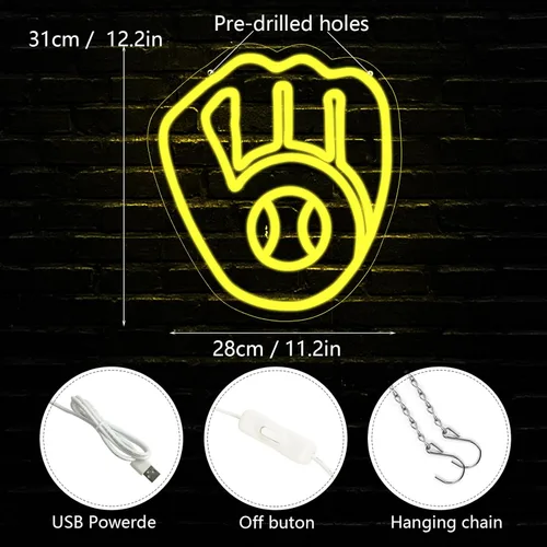 Miniatura 4 de Balanar Letreros de Neón de Béisbol para Decoración de Garaje o Cueva de Hombre, Regalos con Logo de Equipo de Béisbol de Milwaukee o Rugby, Letrero