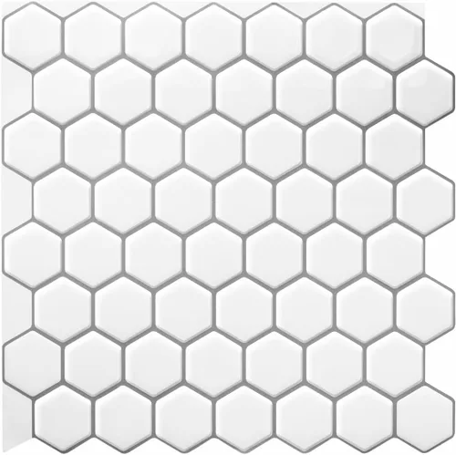 Azulejo 3D para despegar y pegar (10 unidades hexagonales, blanco brillante, delgado y flexible, para cocina, baño, autocaravana, remodelación de