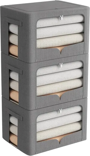 Miniatura 11 de FHSQX Paquete de 3 contenedores de almacenamiento de ropa, caja de almacenamiento plegable con marco de metal, juego organizador apilable de tela
