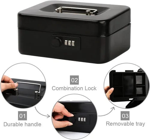 Miniatura 4 de Decaller Caja de dinero con cerradura de combinación, caja de seguridad de metal pequeña con bandeja de dinero, 7 4/5 x 6 4/5 x 3 3/5 pulgadas